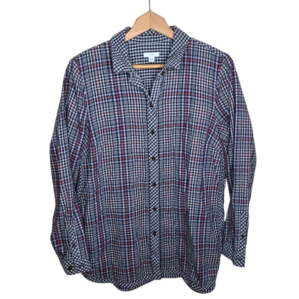 J. Jill | Mixed Gingham & Plaid Print Button Front Cotton Shirt Size Medium